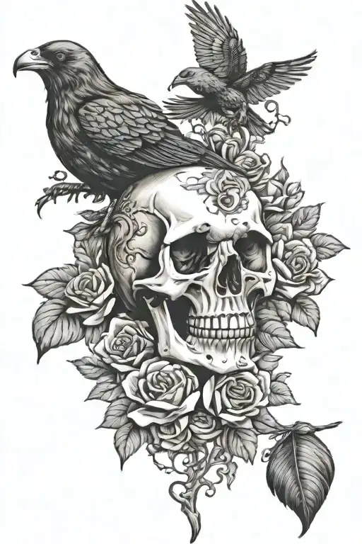 Skull And Crow And Single Rose