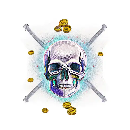 A Traditional Style Tattoo Of A Skull Surrounded By Money Symbols