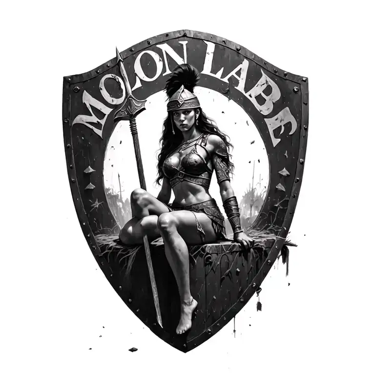 Black And White Spartin Woman Warrior Sitting On A Old Battle Shield Inscribed With Molon Labe