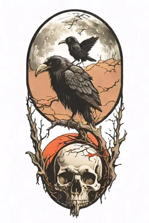Raven On Skull With Blood Moon Surrounded
