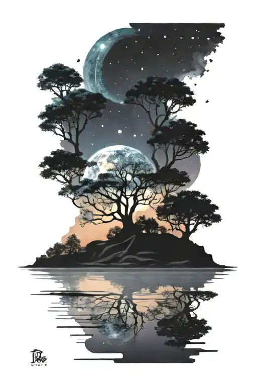 Drak Landscape With Trees And Water Over A Galaxy Background