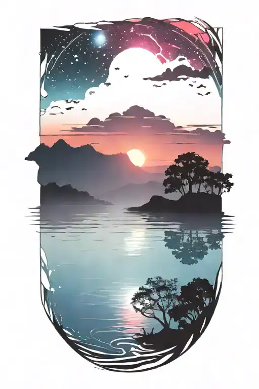 Dark Silhouette Landscape And Water Over A Colorful Bright Sunset Galaxy Background