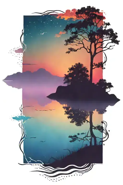 Dark Silhouette Landscape And Water Over A Colorful Bright Sunset Galaxy Background