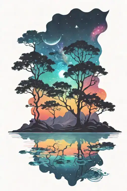Drak Landscape With Trees And Water Over A Colorful Bright Galaxy Background