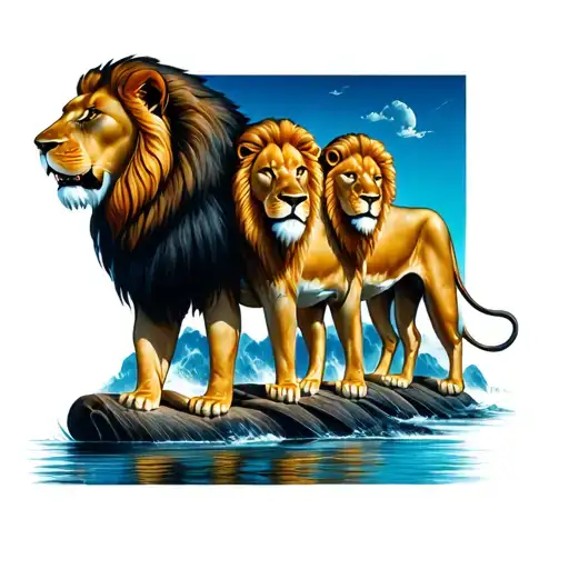 3 Lion With Threes And River