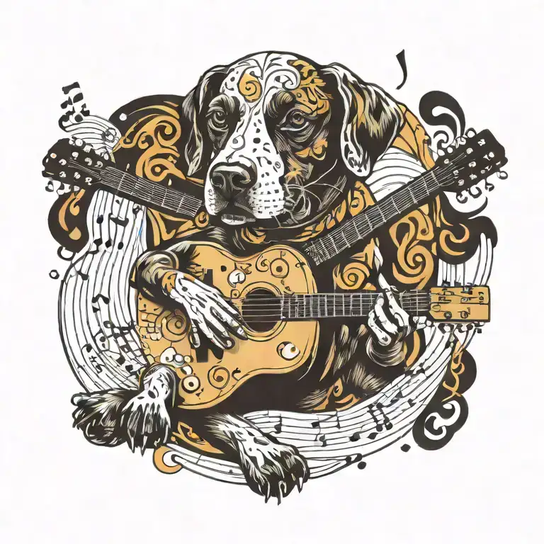 A Whimsical Design Of A Dog Playing A Guitar Surrounded By Musical Notes