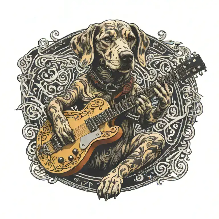 A Whimsical Design Of A Dog Playing A Guitar Surrounded By Musical Notes