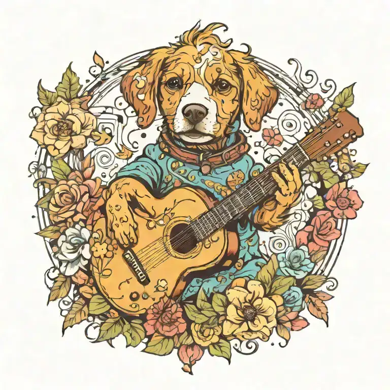 A Whimsical Design Of A Cute Dog Playing A Guitar Surrounded By Musical Notes And Flowers