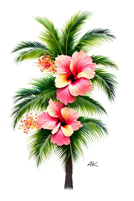 Palm Tree Branch With Hibiscus Flowers