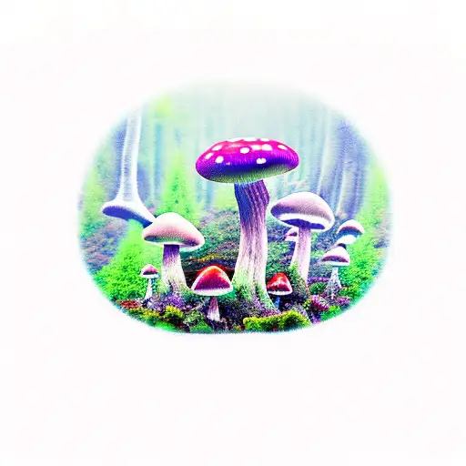 Enchanted Forest With Magical Mushrooms And Marijuana Plants