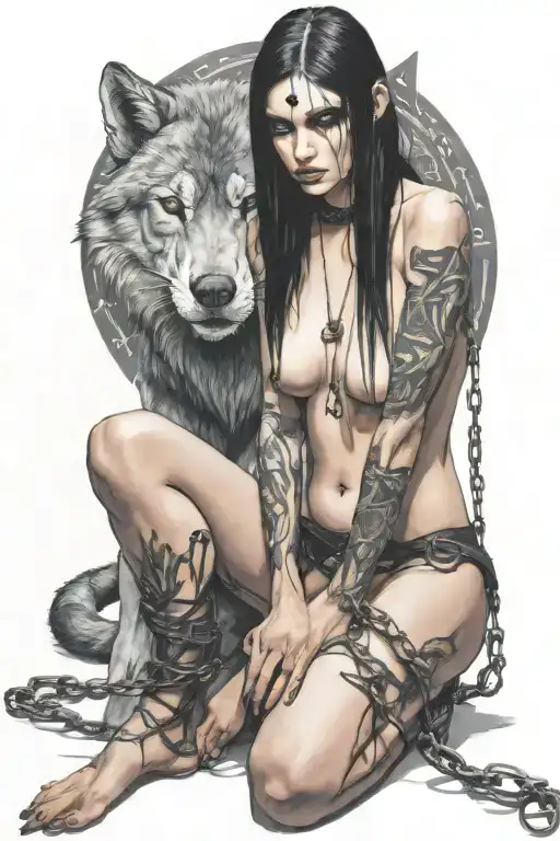 Nude Goth Slave Girl On Her Knees Chained Huge Wolf