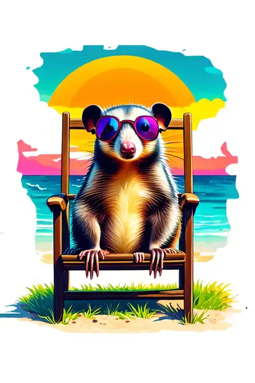 Possum On A Lawn Chair At The Beach Sunset With Psychedelic Sunglasses