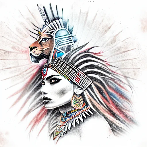 Beautiful Aztec Warrior Princess With Lion On Her Head