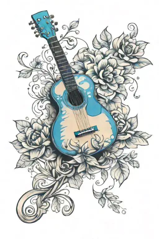 Blue Acoustic Guitar With Good Wood Grain And A Flower Element In The Background