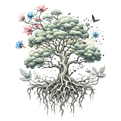 Tree With Roots With Cosmos On The Top View