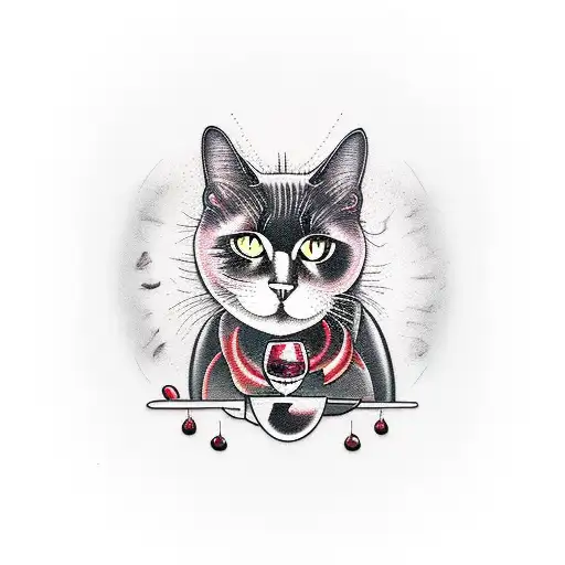 Black Cat With Red Wine And Butchers Knife