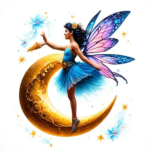 A Magical Fairy Dancing And Doing A High Kick On Top Of A Crescent Moon