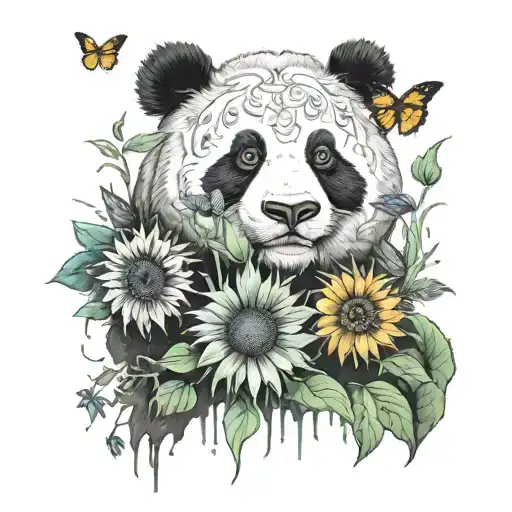 Panda Playing Sunflower And A Butterfly