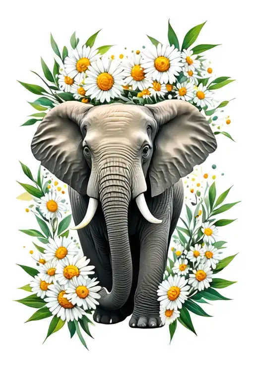 Elephant Surrounded With Olive Branches And Daisies