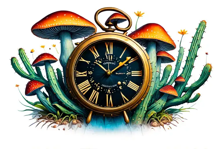 Dali Clock Trippy With Mushrooms And San Pedro Cactus
