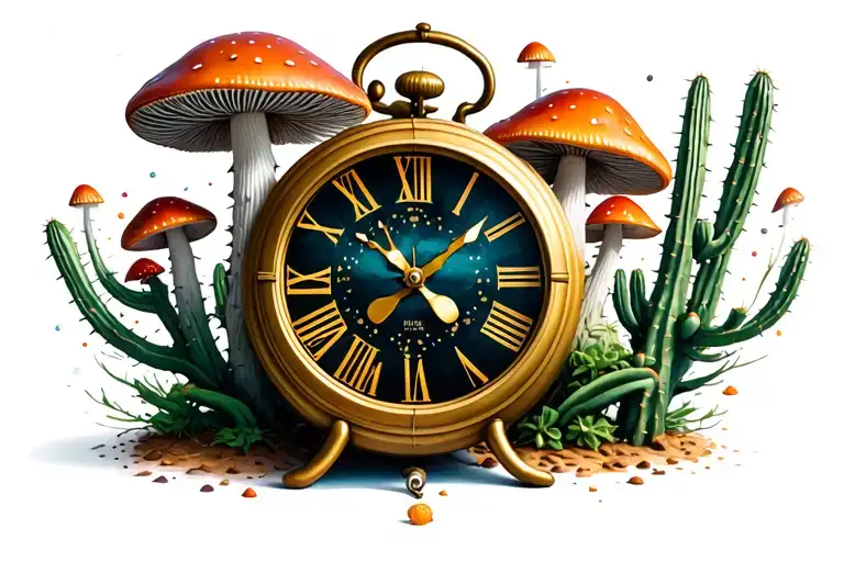 Dali Clock Trippy With Mushrooms And San Pedro Cactus