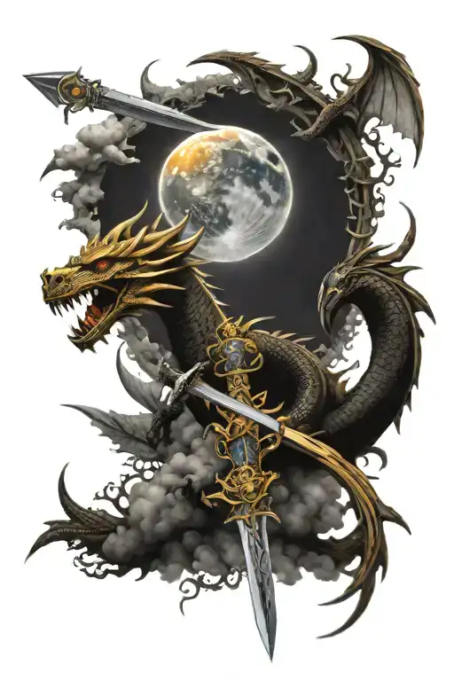 Sun Moon Clouds Sword And Dragon Wrapped