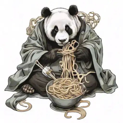 Sitting Panda Eating Noodles Wearing Robe