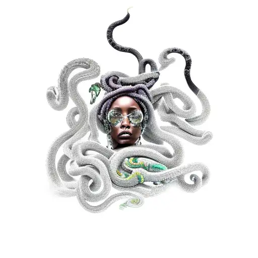 African American Medusa With Intricate Dreadlocks And A Snake Wrapped Around Her