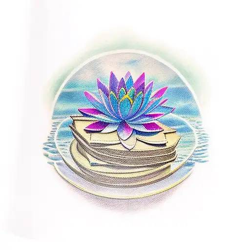 Traditional Tattoo Of A Book Surrounded By Blooming Water Lilies