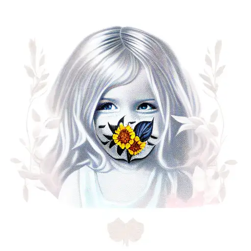 Full Body Of Little Girl With A Dress Holding A Flower And Wearing A Death Mask