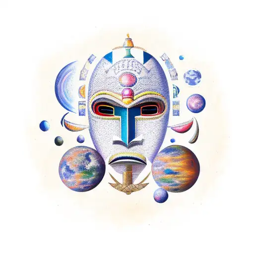 African Mask Surrounded By Celestial Objects