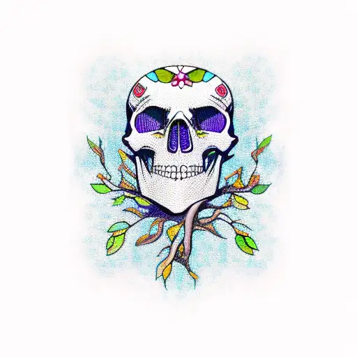 Skull With A Stained Glass Tree Growing Up Out Of The Top Of The Skull