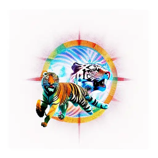 An Eagle Fighting And A Tiger Walking With A Girl With A Wind Rose