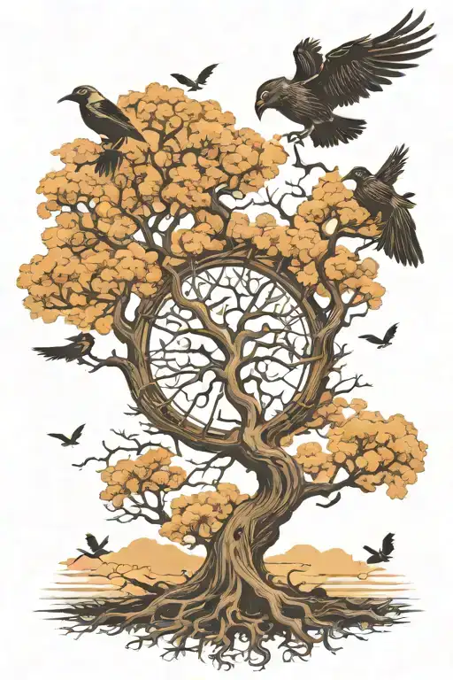 Scare Crow Tree Of Life Design With Crows Flying