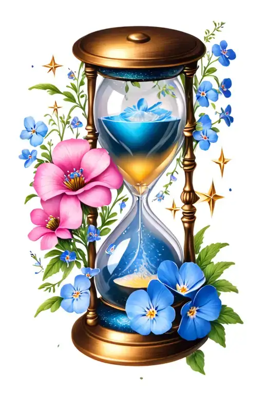 Hourglass Tattoo And Forget Me Nots Pink Flowers And Stars