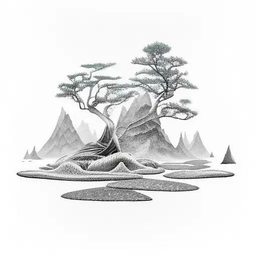 A Minimalist Tattoo Of A Mountain In An Underwater Forest Of Kelp