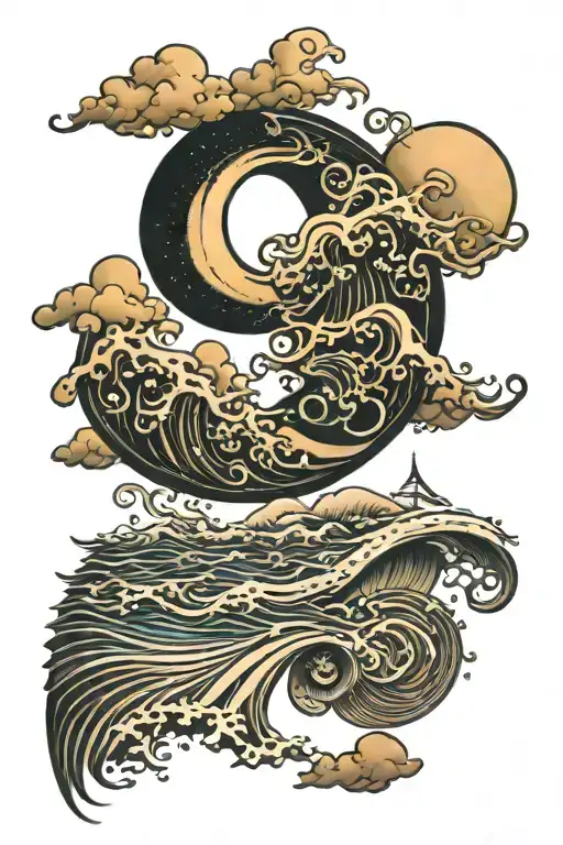 Crescent Moon And Waves Merging