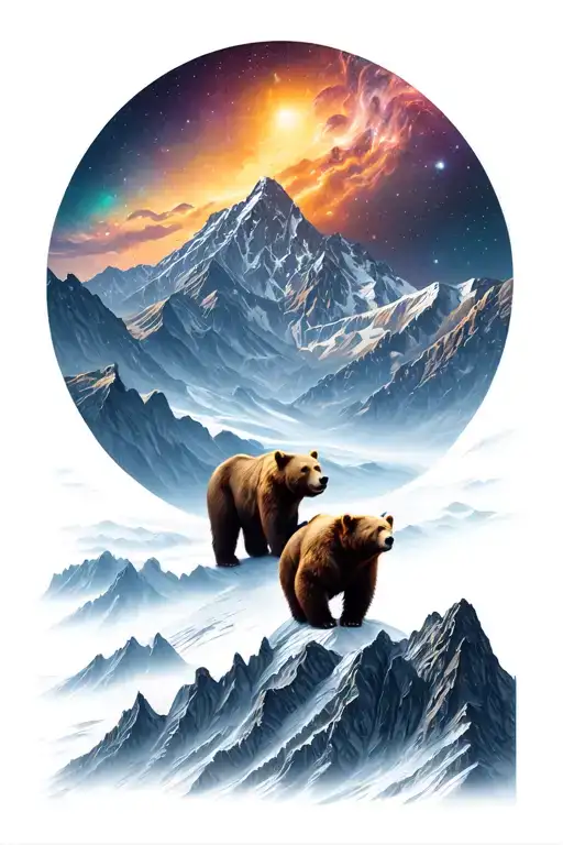 Space Over A Mountain Range With Grizzly Bear At The Foot Of The Mountains