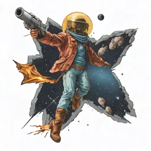 A Space Cowboy Hitting A Meteor With A Bat Shaped Like A Rocket Towards Earth