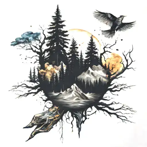 Full Sleeve And Chest Tattoo With Forest Turning Into Mountain Then Into Space