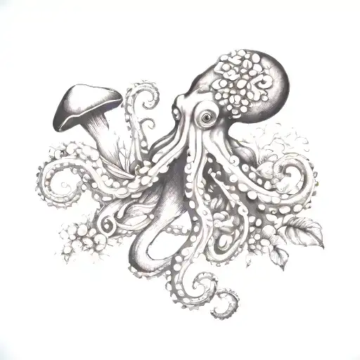 Octopus With Vintage Plant And Mushrooms