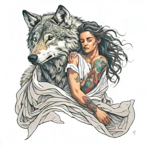 Wolf Protecting Woman Drapped In A Cloth With A Whispy Background