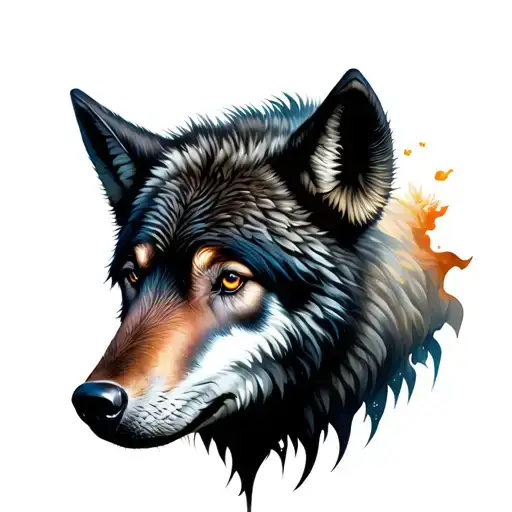 Black Wolf And White Wolf Around Bison Head Emerging