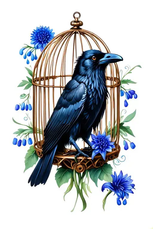 Raven In A Broken And Eroding Cage With Black Dahlias And Blue Lily Of The Valley