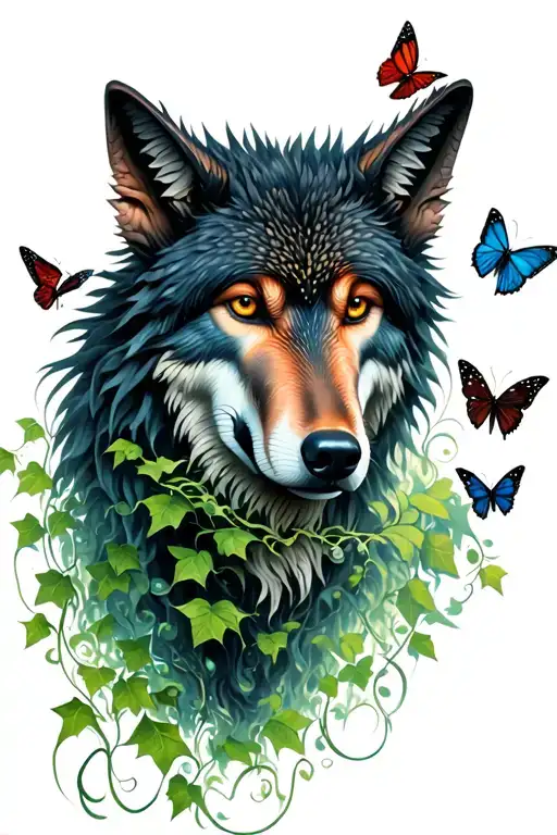 Wolf And Dragon With Butterflies And Ivy Growing