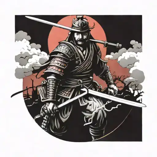 Samurai Warrior And Red Moon