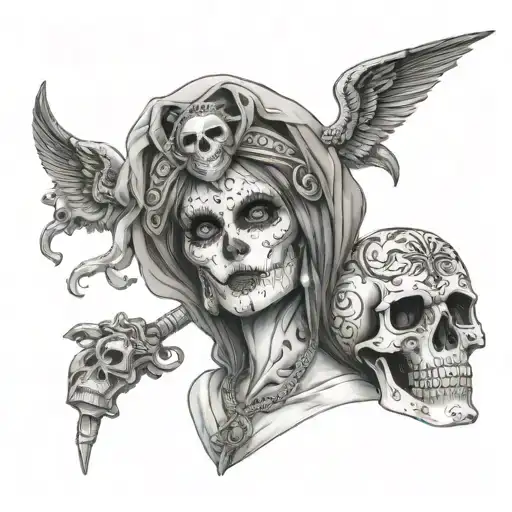 Sexy Santa Muerte Holding Spartan Helmet Adorned With Symbols