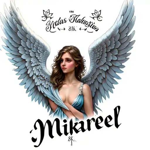 Mikael Name With Angel Wings For Tattoo On Fore Arm