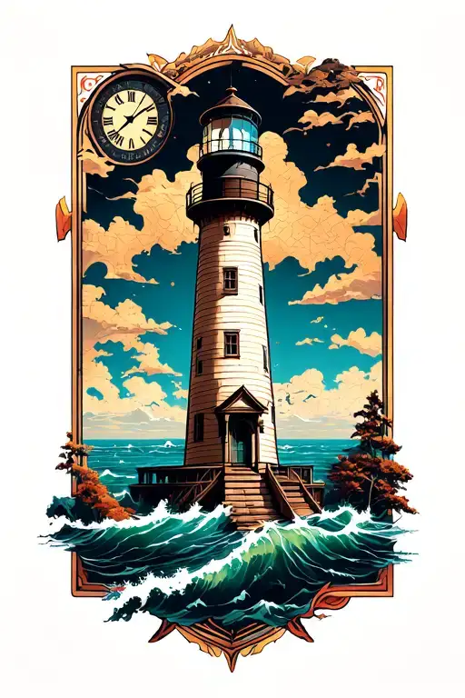 Lighthouse With Clock And Map Outline