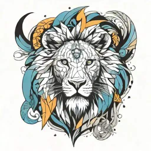 A Geometric Lion Surrounded By Ocean Animals And Spiritual Symbols